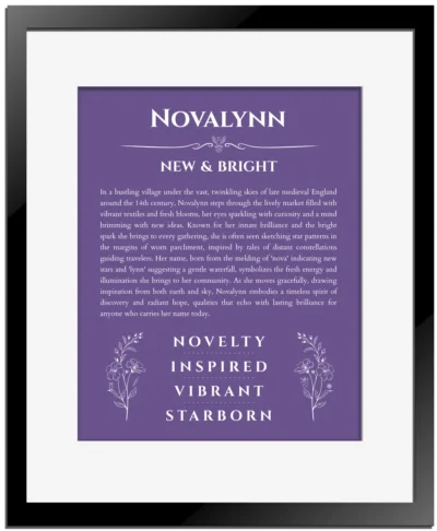 Novalynn personalized name print with origin and traits in purple with black matte frame