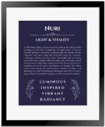 Nuri name origin print with meaning and traits in navy blue with black matte frame