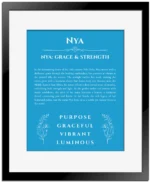 Nya custom name art showing meaning and origin in blue with black matte frame
