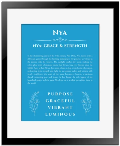 Nya custom name art showing meaning and origin in blue with black matte frame