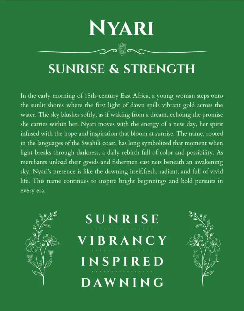 Nyari personalized name print with origin and traits in dark green