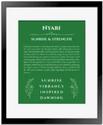 Nyari personalized name print with origin and traits in dark green with black matte frame
