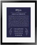Nyla custom name meaning print in navy blue with black matte frame