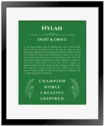 Nylah name meaning gift print in dark green with black matte frame