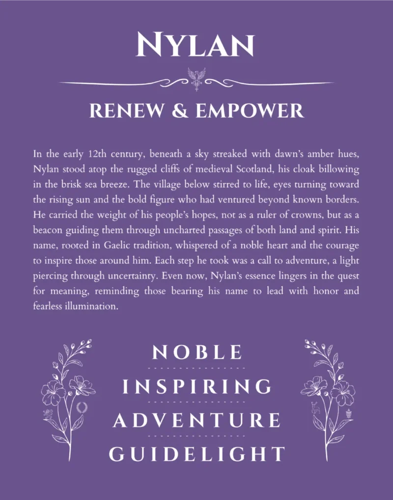 Nylan personalized name art with origin story in purple
