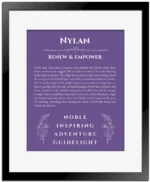 Nylan personalized name art with origin story in purple with black matte frame