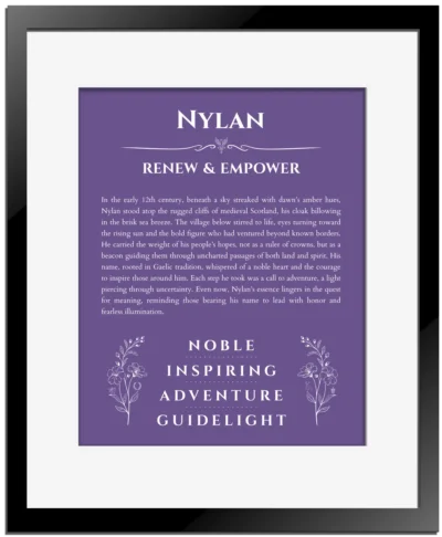 Nylan personalized name art with origin story in purple with black matte frame