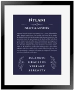 Nylani personalized wall art with the story of your name in navy blue with black matte frame