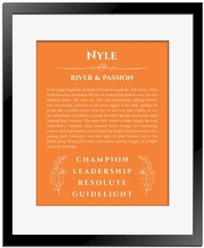 Nyle custom name print for wall display in orange with black matte frame