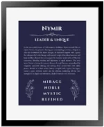 Nymir custom name print for wall display in navy blue with black matte frame