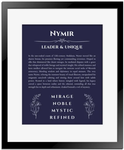 Nymir custom name print for wall display in navy blue with black matte frame