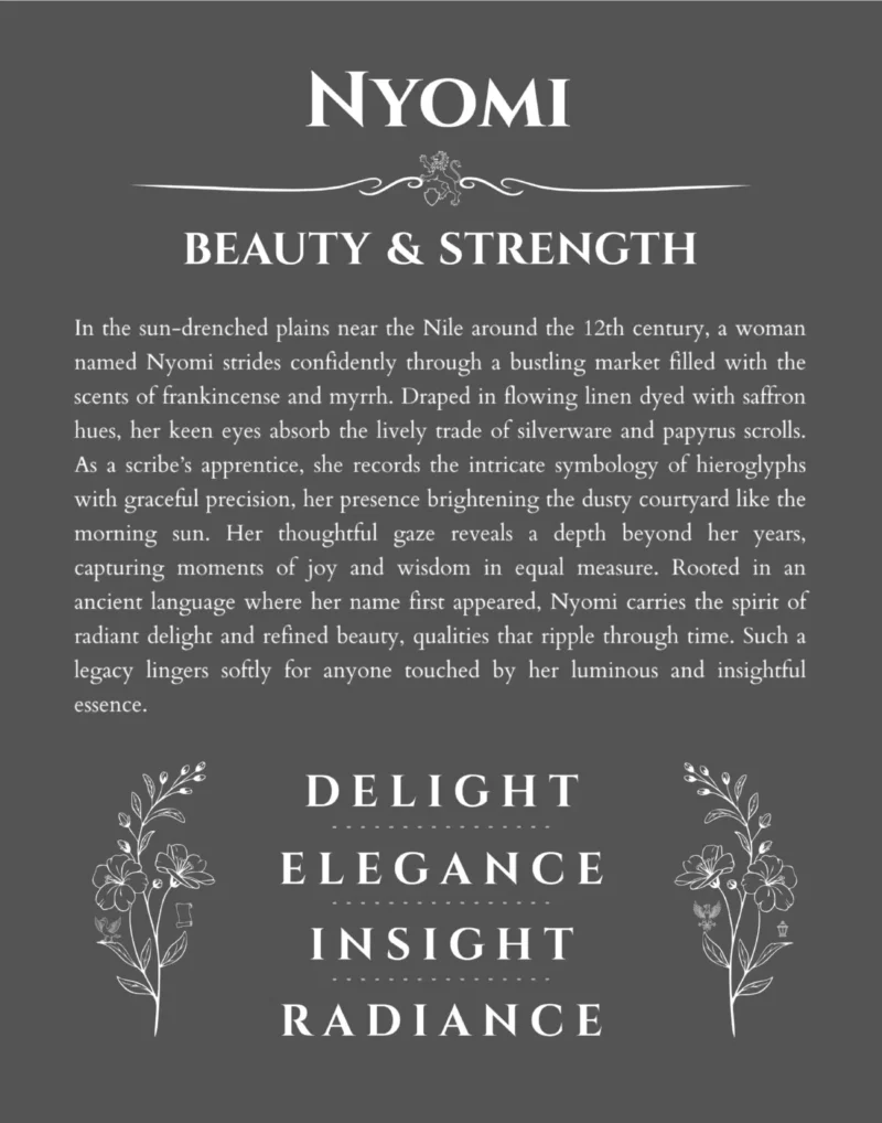 Nyomi personalized wall art with the story of your name in gray