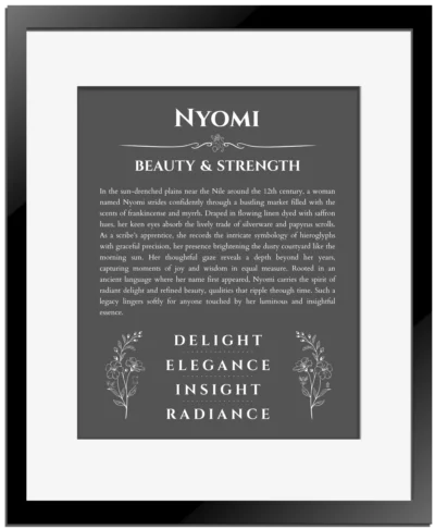 Nyomi personalized wall art with the story of your name in gray with black matte frame