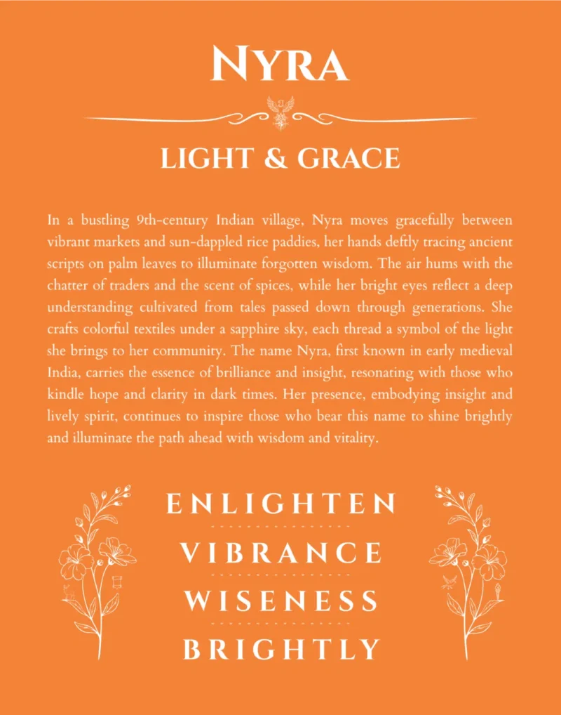 Nyra personalized name art with origin story in orange