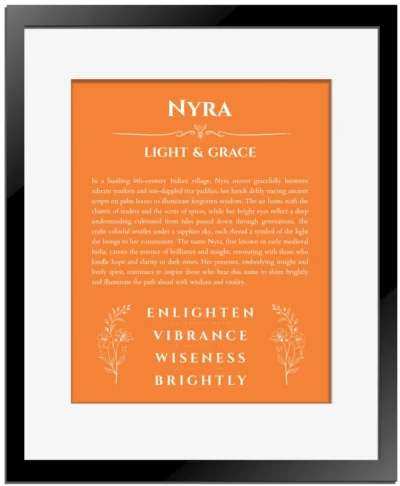 Nyra personalized name art with origin story in orange with black matte frame
