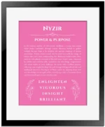 Nyzir name meaning gift print in pink with black matte frame