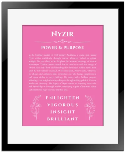 Nyzir name meaning gift print in pink with black matte frame