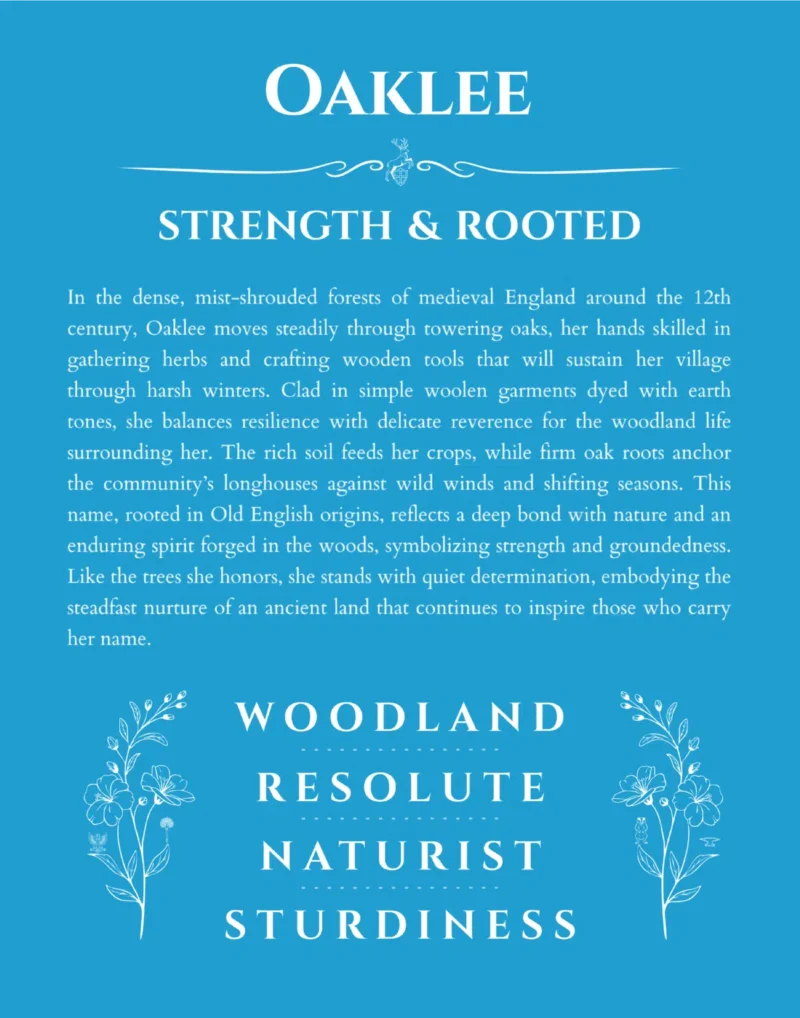 Oaklee personalized name art with origin story in blue