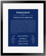 Oakleigh custom name print for wall display in deep blue with black matte frame