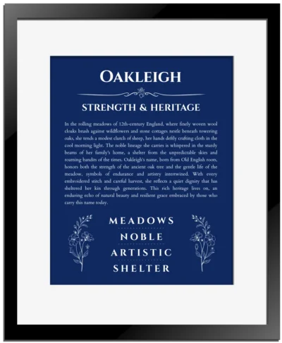 Oakleigh custom name print for wall display in deep blue with black matte frame