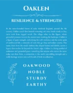 Oaklen custom name art showing meaning and origin in blue