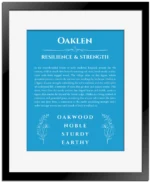 Oaklen custom name art showing meaning and origin in blue with black matte frame