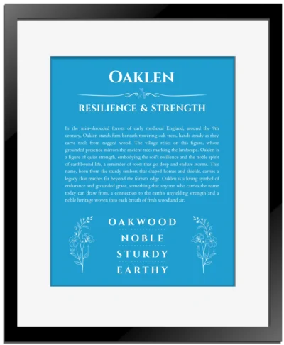 Oaklen custom name art showing meaning and origin in blue with black matte frame