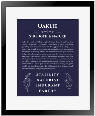 Oaklie personalized name meaning print in navy blue with black matte frame