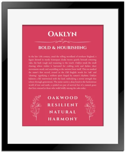 Oaklyn name meaning wall art by Get Your Story in red with black matte frame