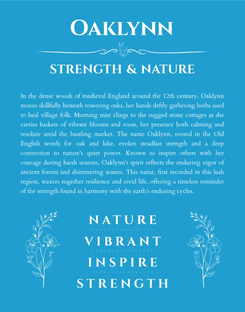 Oaklynn personalized name print with origin and traits in blue