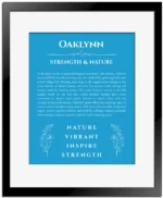 Oaklynn personalized name print with origin and traits in blue with black matte frame