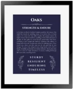 Oaks name meaning wall art by Get Your Story in navy blue with black matte frame