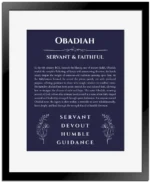 Obadiah name meaning wall art by Get Your Story in navy blue with black matte frame