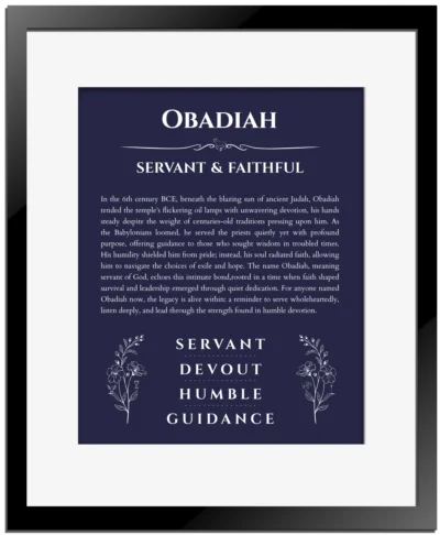 Obadiah name meaning wall art by Get Your Story in navy blue with black matte frame