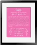 Obed personalized name print with origin and traits in pink with black matte frame