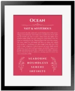 Ocean personalized name print with origin and traits in red with black matte frame
