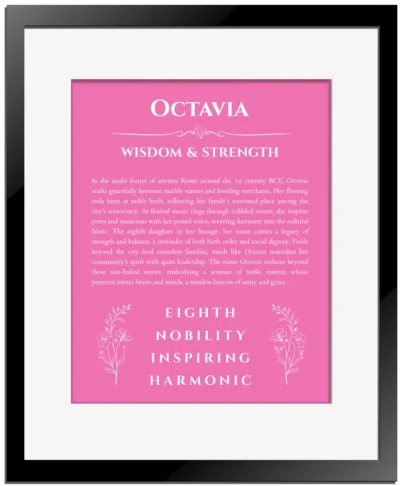 Octavia personalized name meaning print in pink with black matte frame