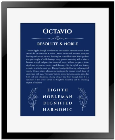 Octavio name meaning wall art by Get Your Story in deep blue with black matte frame