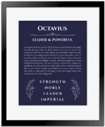 Octavius name origin print with meaning and traits in navy blue with black matte frame