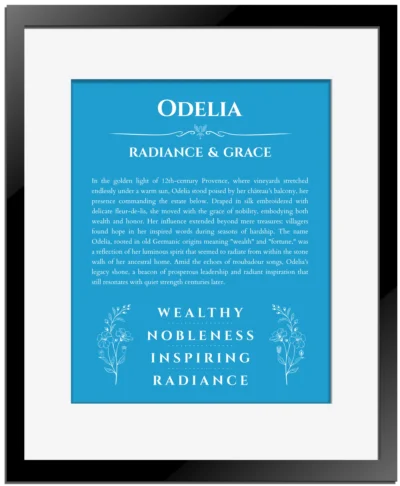 Odelia personalized wall art with the story of your name in blue with black matte frame