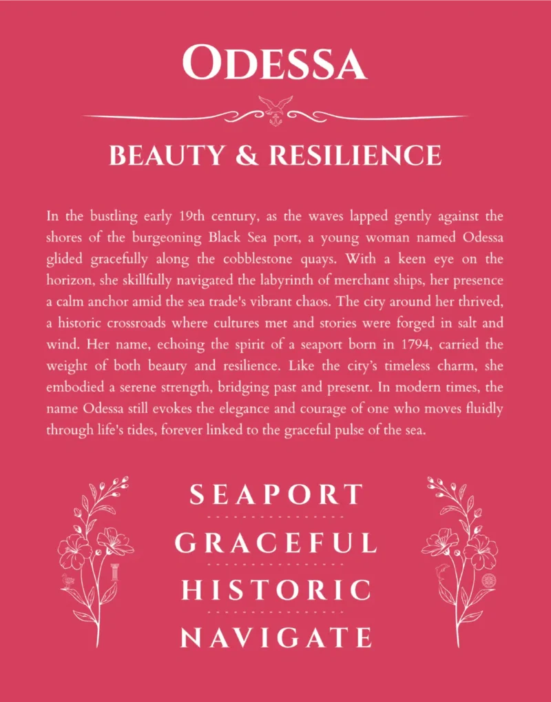 Odessa personalized name print with origin and traits in red