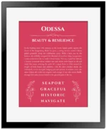 Odessa personalized name print with origin and traits in red with black matte frame