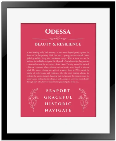 Odessa personalized name print with origin and traits in red with black matte frame