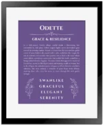 Odette personalized name meaning print in purple with black matte frame