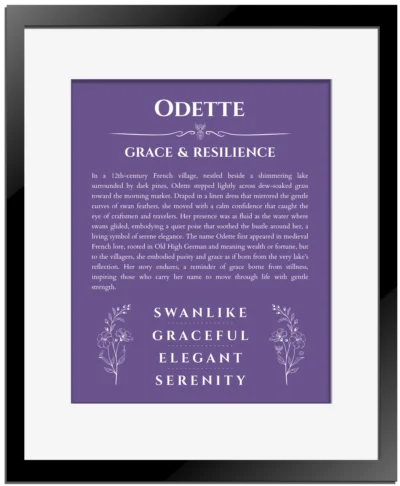 Odette personalized name meaning print in purple with black matte frame