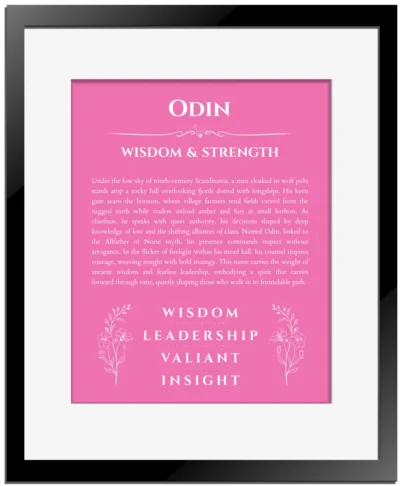 Odin name meaning gift print in pink with black matte frame