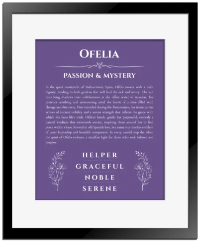 Ofelia custom name print for wall display in purple with black matte frame