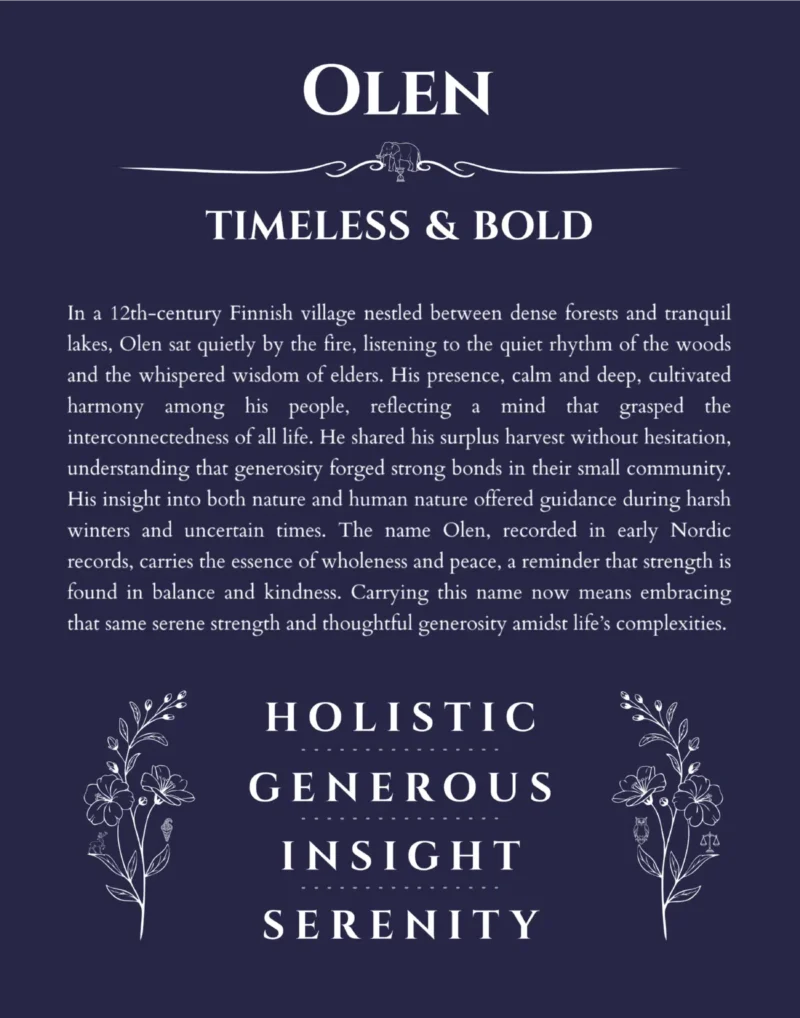 Olen name origin print with meaning and traits in navy blue