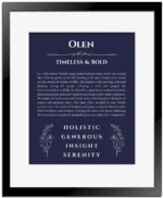 Olen name origin print with meaning and traits in navy blue with black matte frame