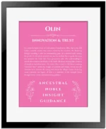 Olin personalized name print with origin and traits in pink with black matte frame
